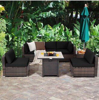 7PCS Patio Rattan Furniture Set 30'' Fire Pit Table Cover Cushion Sofa Black