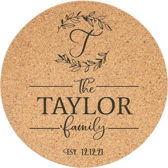 Last Name Family Wedding Engagement House Warming Gift Custom Thick Circular Cork Kitchen Trivet - Personalized