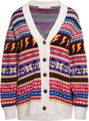 Oversized Multicolor Cardigan With Jacquard Motif And Logo In Wool Woman