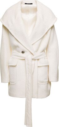 'jilly' White Double-breasted Coat With Wide Hood In Alpaca And Wool Woman