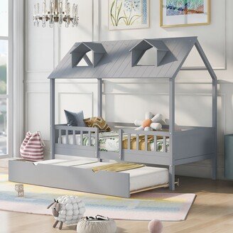 RASOO Twin Size House Bed Solid Wood with Trundle, Canopy Design