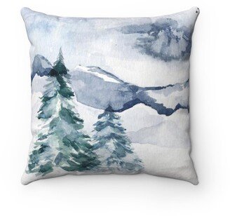 Nature Pillow Cover, Navy Blue Forest Green, Fir Spruce Pink Landscape, Watercolor Decorative Pillowcase, Square Pillow Cover,