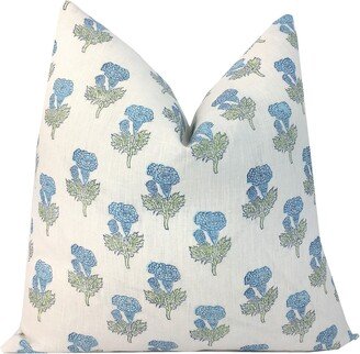 Samali Sky Blue & Green Floral Block Print Pillow Cover | Hand On Linen Light Mughal Flower High End