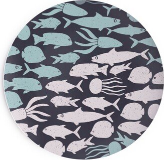 Salad Plates: Fish School In Gray Aqua Dark Background Salad Plate, Blue