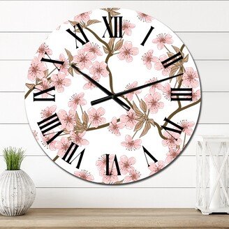 Designart 'Pink Cherry Blossoms On Branches On White' Patterned wall clock