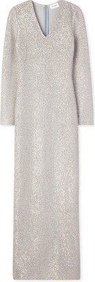 Long Sleeve Sequin Knit V-Neck Gown