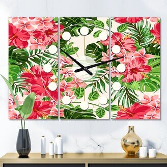 Designart 'Tropical Leaves and Flowers I' Oversized Mid-Century wall clock - 3 Panels - 36 in. wide x 28 in. high - 3 Panels