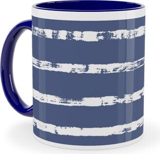 Mugs: Distressed Dusty Blue And White Stripes Ceramic Mug, Blue, 11Oz, Blue