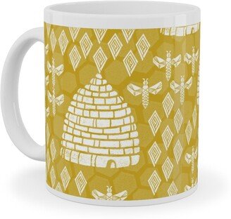 Mugs: Bee Hives, Spring Florals Linocut Block Printed - Golden Yellow Ceramic Mug, White, 11Oz, Yellow