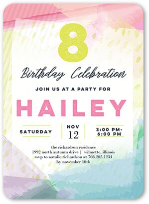 Girl Birthday Invitations: Watercolor Festivities Birthday Invitation, White, Pearl Shimmer Cardstock, Rounded