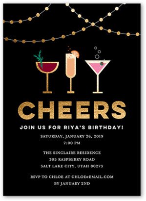Adult Birthday Invitations: Cocktail Cheers Birthday Invitation, Black, 5X7, Luxe Double-Thick Cardstock, Square