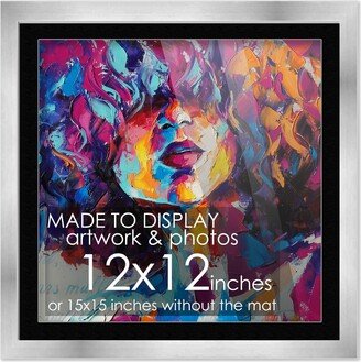 CustomPictureFrames 12x12 Silver Frame Matted for 12x12 Picture or 15x15 Art Poster