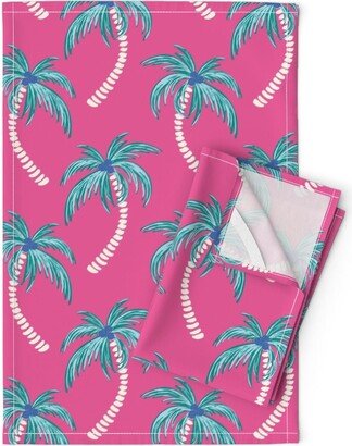 Pink Coastal Tea Towels | Set Of 2 - Tropical Palms On Backgroun By Vivdesign Island Linen Cotton Spoonflower