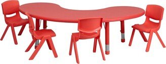 35''W x 65''L Half-Moon Red Plastic Height Adjustable Activity Table Set with 4 Chairs