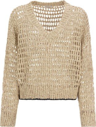 Open-Knitted V-Neck Jumper