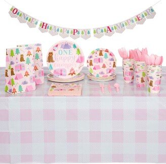 Blue Panda 183 Piece Girls One Happy Camper Birthday Party Supplies with Plates, Napkins, Cups, Goodie Bags, Tablecloth, Banner and Cutlery (Serves 24)