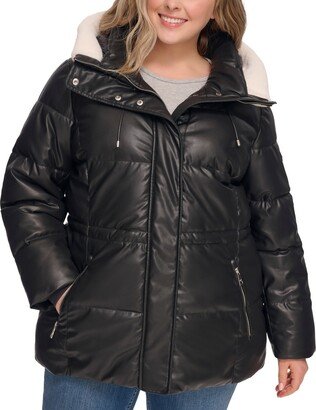 Women's Plus Size Faux-Leather Faux-Shearling Hooded Anorak Puffer Coat