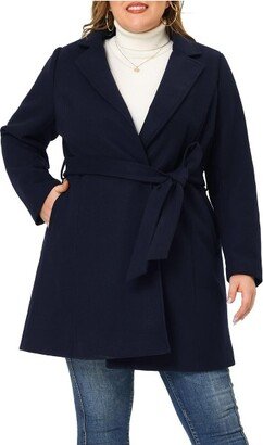 Agnes Orinda Women's Plus Size Work Tie Waist Notched Lapel Long Coat Blue 2X