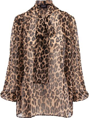 Bluzat Leopard Chiffon Blouse With Draped Shoulders & Bow Ribbon