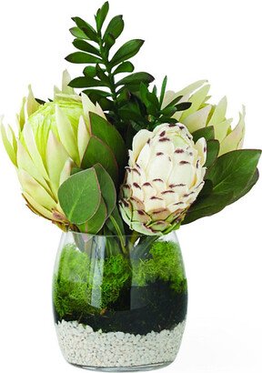 White Proteas with Jade Plants in Glass Vase