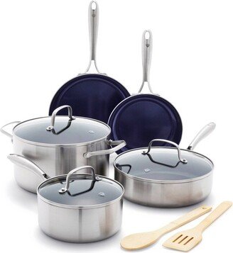 10pc Stainless Steel Clad Cookware Set Metallic Silver