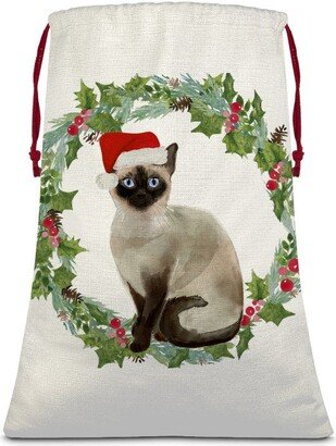 Siamese Cat Christmas Wreath Sublimation Linen Drawstring Sack