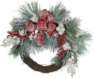 Northlight Plaid Glittered Cotton and Holly Berry Artificial Christmas Wreath - 24-Inch Unlit