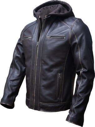 Artistry Leather Artistry Mens Genuine Lambskin Leather Motorcycle Jacket with Removable Hood in Black Brown (Small