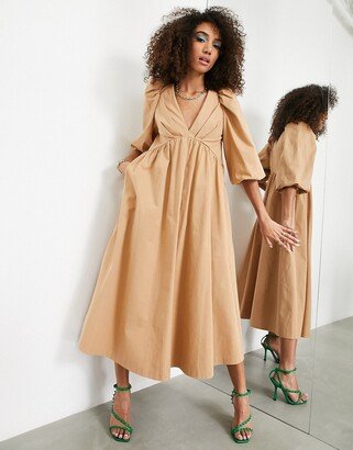 puff sleeve smock midi dress in camel