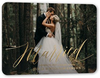 Wedding Announcements: Wedded Love Wedding Announcement, Gold Foil, White, 5X7, Matte, Personalized Foil Cardstock, Rounded