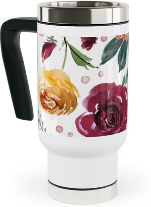 Travel Mugs: Orange Burgandy Floral Travel Mug With Handle, 17Oz, Multicolor