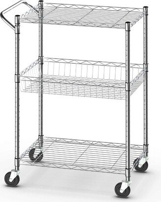 3-Tier Utility Cart Heavy Duty Wire Rolling Cart w/Handle Bar Storage Trolley-AA