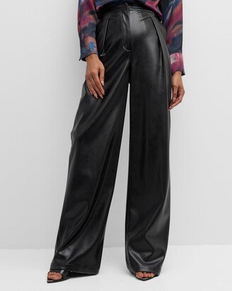 Pleated Wide-Leg Vegan Leather Pants