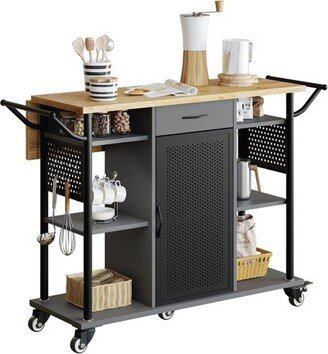 Bestier Rolling Kitchen Utility Cart with Collapsible Surface Extender, 6 Shelves, 1 Cabinet, 1 Drawer, Dual Side Handles, & Hanging Peg Holes, Grey