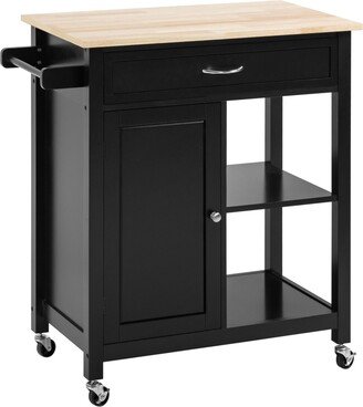 Homcom Kitchen Trolley, Wood Top Utility Cart on Wheels with Open Shelf and Storage Drawer for Dining Room, Kitchen, Black