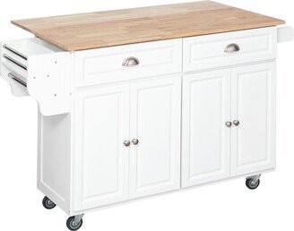 Homcom Rolling Kitchen Island on Wheels Utility Cart with Drop-Leaf and Rubber Wood Countertop, Storage Drawers, Door Cabinets, White-AA