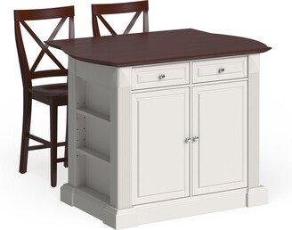 Crosley Furniture Coventry Drop Leaf Breakfast Bar Top Kitchen Island in White Finish with 24 Cherry X-Back Stools - N/A