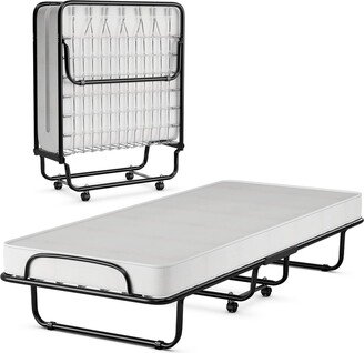 EPOWP Folding Bed with Mattress Memory Foam, Foldable Bed w/Sturdy U-Shaped Metal Bed Frame, 4 Universal Wheels, Portable Guest Bed