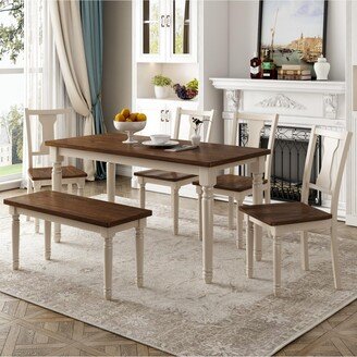 Simplie Fun Classic 6-Piece Dining Set Wooden Table and 4 Chairs with Bench for Kitchen Dining Room (Brown & Cottage White)