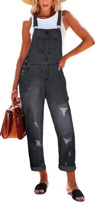 HAPCOPE Bib Overalls for Women Ripped Distressed Stretch Casual Adjustable Denim Jumpsuit Jeans Pants Black L (CAPLC642714-2-L)