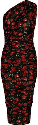 Cherry-Print Ruched Midi Dress