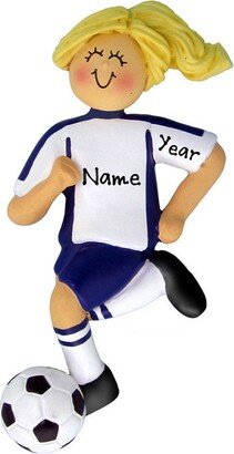 Personalized Soccer Player Girl Christmas Ornament - Blonde Blue Uniform Custom Ball