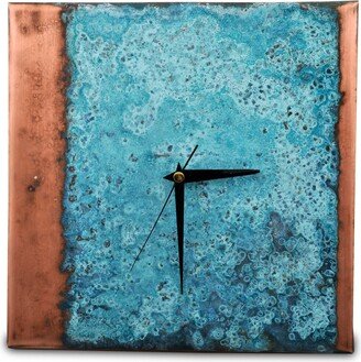 Turquoise Square Copper Wall Clock | Farmhouse Minimalist Decor Oxidized Art Gift For Him