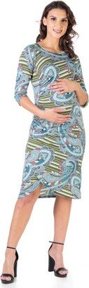 24seven Comfort Apparel Paisley Maternity Elbow Sleeve Ruched Knee Length Dress-Multicolored-3X