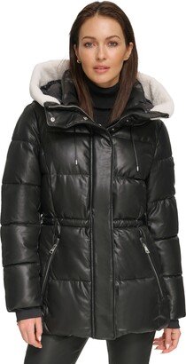 Women's Faux-Leather Faux-Shearling Hooded Anorak Puffer Coat