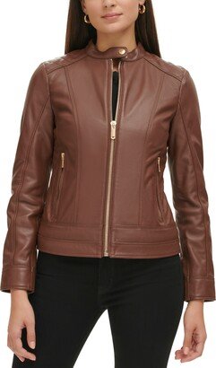 Women's Quilted-Shoulder Leather Coat, Created for Macy's