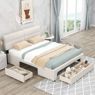 RASOO Beige Linen Upholstery Platform Bed with Storage Drawers-AA