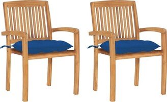 Patio Chairs 2 pcs with Blue Cushions Solid Teak Wood - 23.6 x 22.6 x 35.4