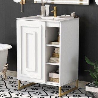 Aoolive White Modern Bathroom Vanity with Sink, Bathroom Vanity with Ceramic Basin, Semi-open Storage Design and One Door
