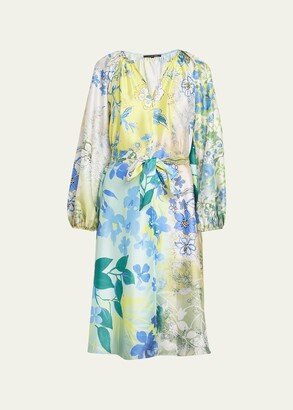 Arbor Blouson-Sleeve Floral-Print Midi Dress